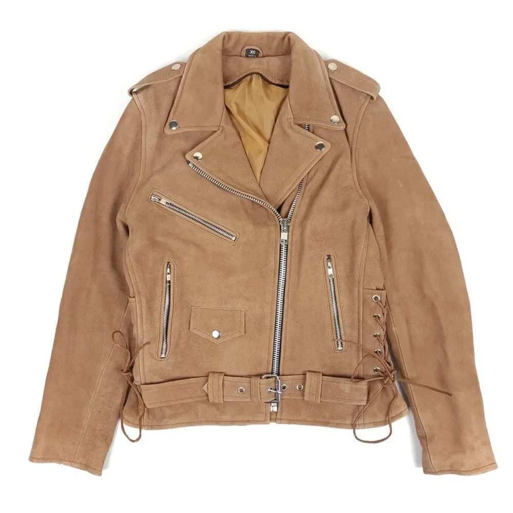 Genuine Leather Corset Lace Up Side Leather Biker Moto Jacket Tan Brown Camel XS